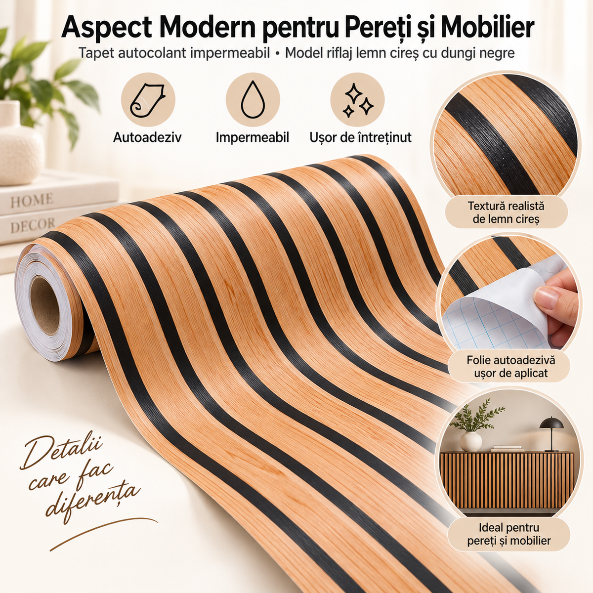 Tapet Autocolant Impermeabil, Model Riflaj Lemn Cireș cu Dungi Negre, 45 cm x 5 m — detalii și aplicare