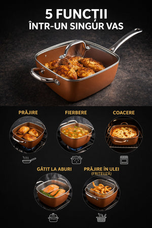 Tigaie Non-Aderentă 5 Piese Ceramică Inox – Friteuză + Grătar + Capac Sticlă Incluse