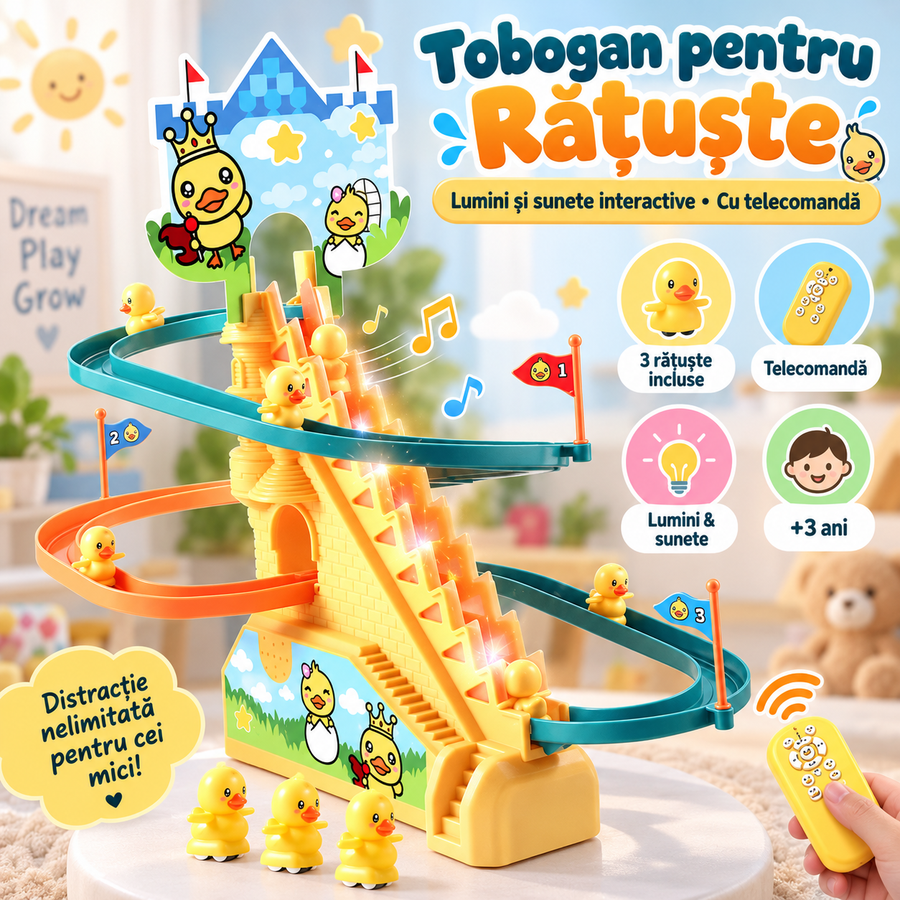 Tobogan pentru Rățuște, Lumini și Sunete Interactive, 3 Rățuște, 42x21x31 cm, Cu Telecomandă, Galben, +3 Ani