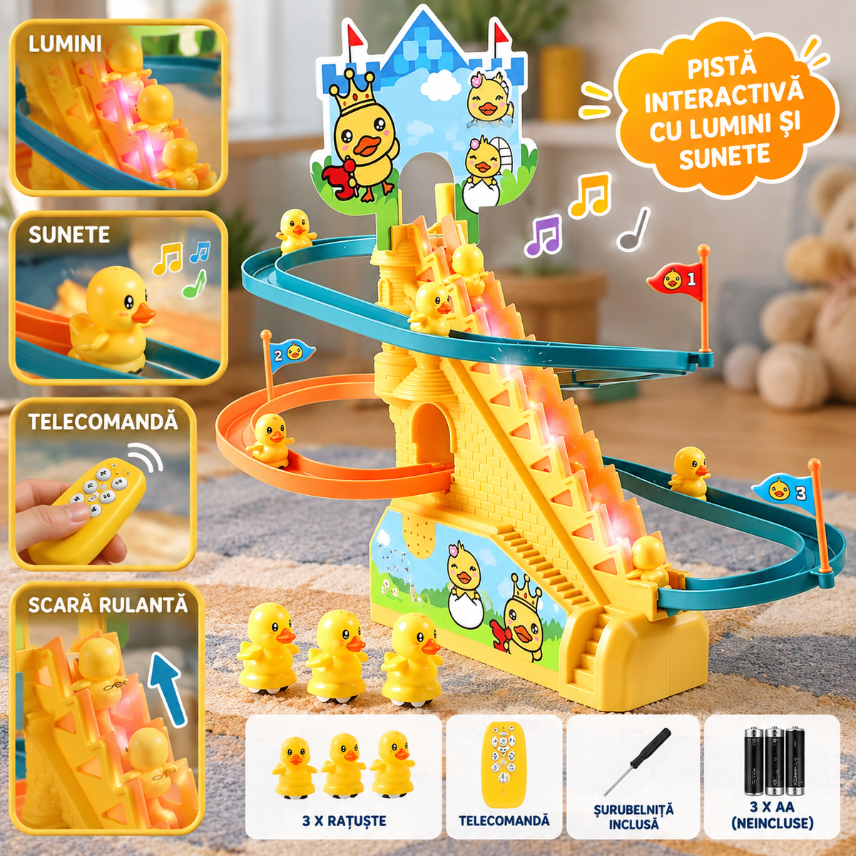 Tobogan pentru Rățuște, Lumini și Sunete Interactive, 3 Rățuște, 42x21x31 cm, Cu Telecomandă, Galben, +3 Ani — set complet