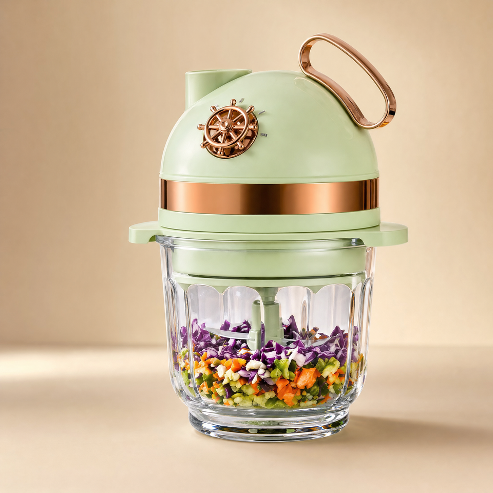 Tocător Electric Multifuncțional 500W cu Bol din Sticlă – 4 Lame Inox, Tocare Carne, Legume și Aluat, Design Retro Verde Mentă cu Accente Cupru