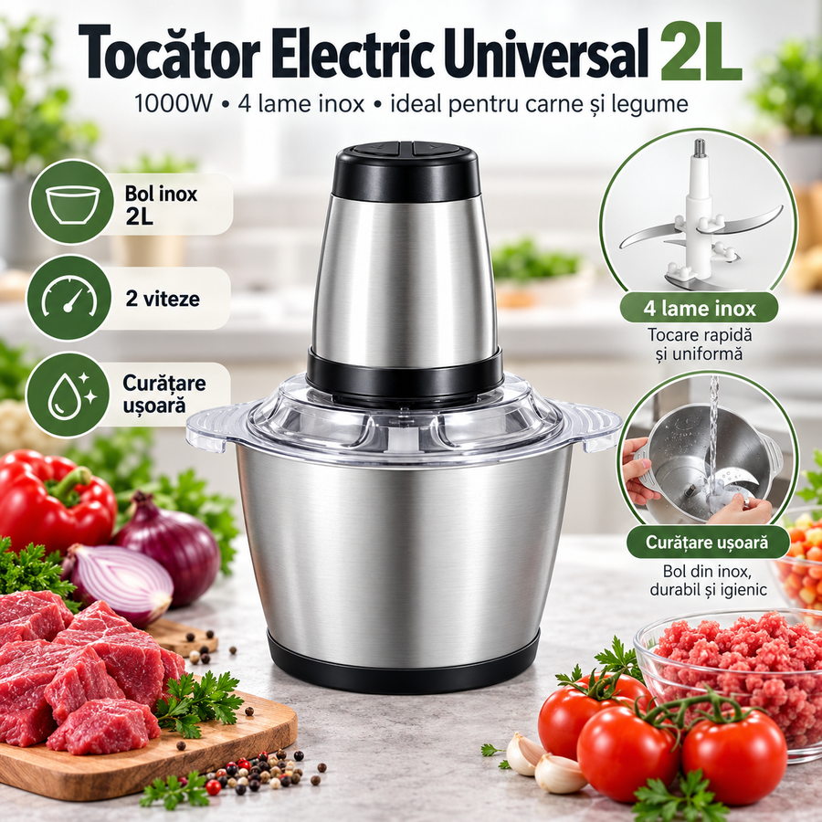 Tocător Electric Universal – Bol 2L Inox, 1000W, 4 Lame, pentru Carne, Legume și Nuci