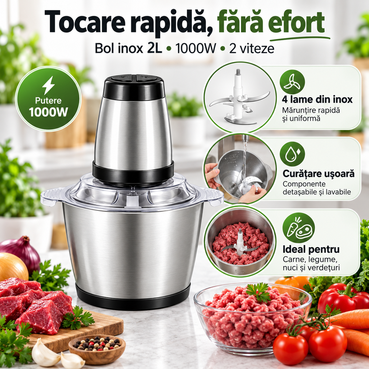 Tocător Electric Universal – Bol 2L Inox, 1000W, 4 Lame, pentru Carne, Legume și Nuci — tocare rapidă, fără efort