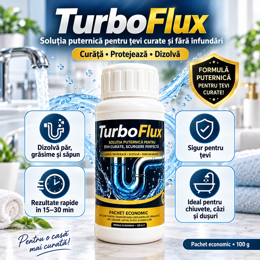 TurboFlux – Pudră Concentrată pentru Desfundat Țevi, 100 g – Dizolvă Păr, Grăsime și Săpun în 15–30 Minute (set de 4)