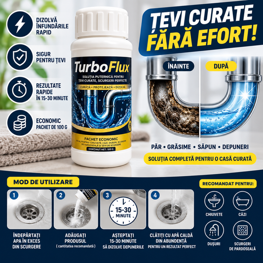 TurboFlux — înainte/după, mod de utilizare în 4 pași, recomandat pentru chiuvete, căzi, dușuri