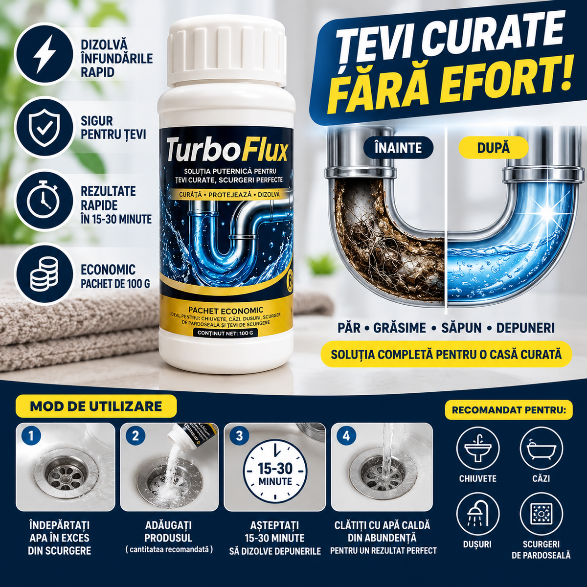 TurboFlux – Pudră Concentrată pentru Desfundat Țevi, 100 g – Dizolvă Păr, Grăsime și Săpun în 15–30 Minute (set de 4) — înainte și după, mod de utilizare