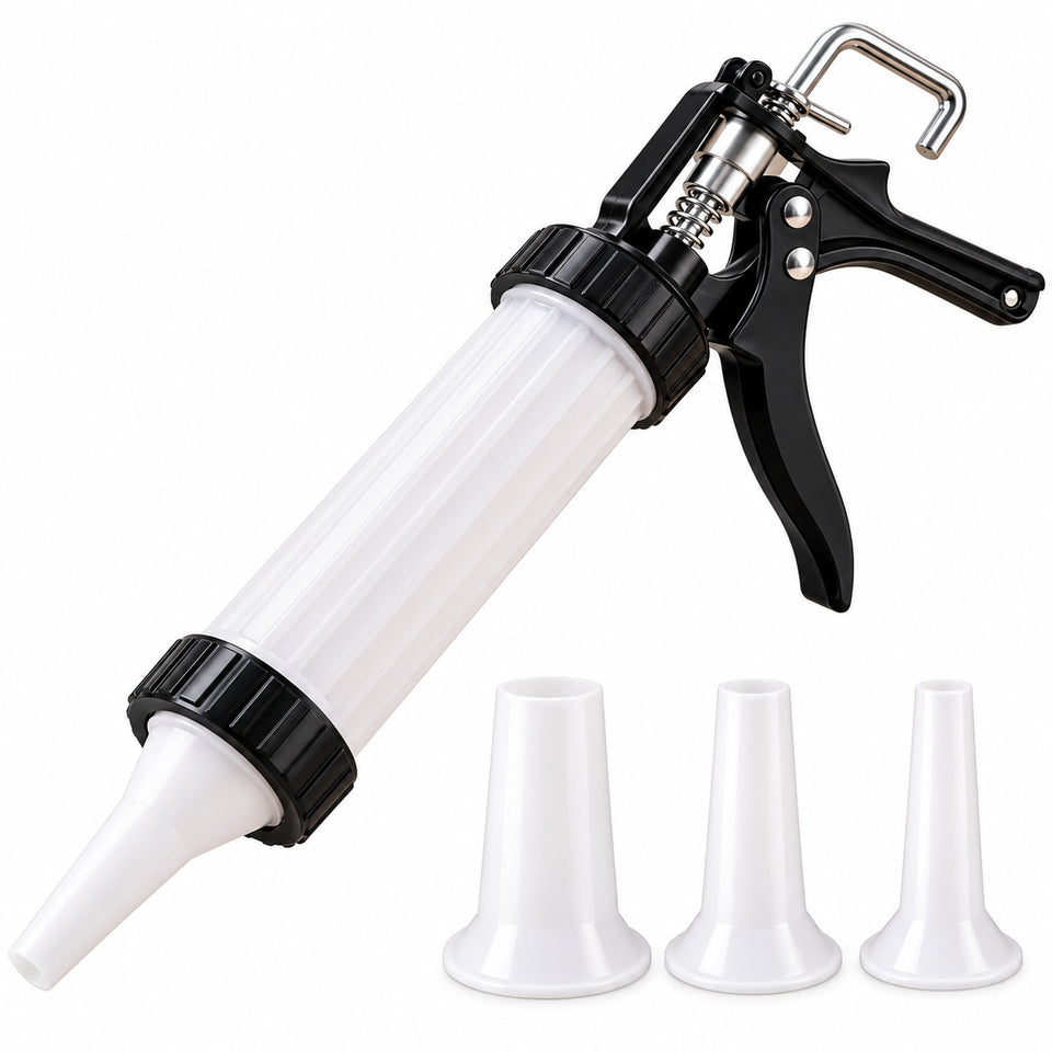 Aparat Manual pentru Umplut Cârnați cu 3 Capete Interschimbabile 15/20/25 mm – Cilindru Semitransparent, Mâner tip Pistol, Curățare Rapidă