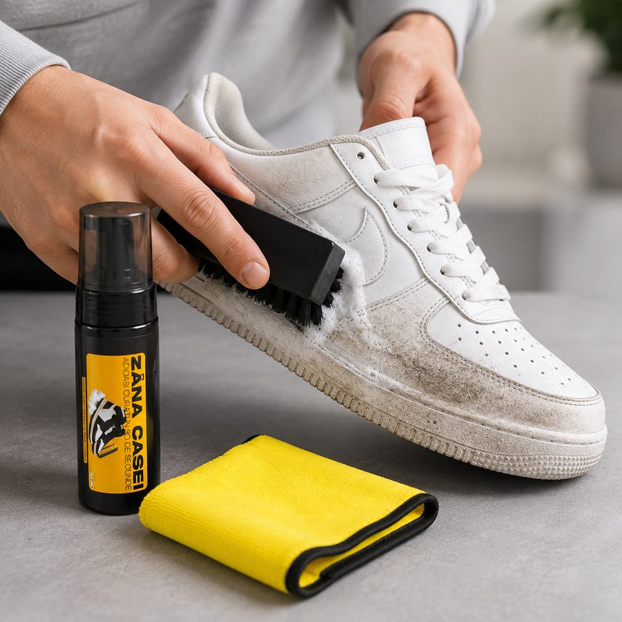 Curățarea unui adidaș alb cu peria și spuma din kit